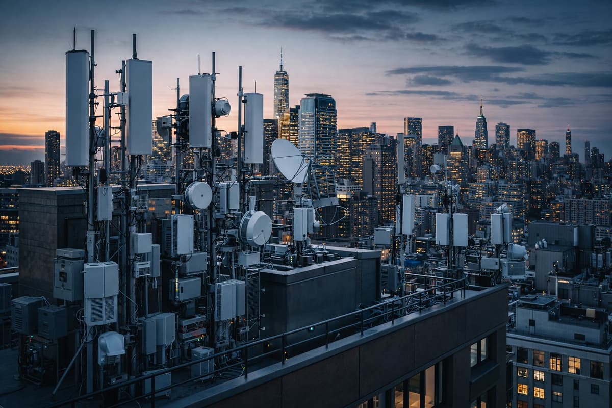 City rooftop radio infrastructure at dusk.